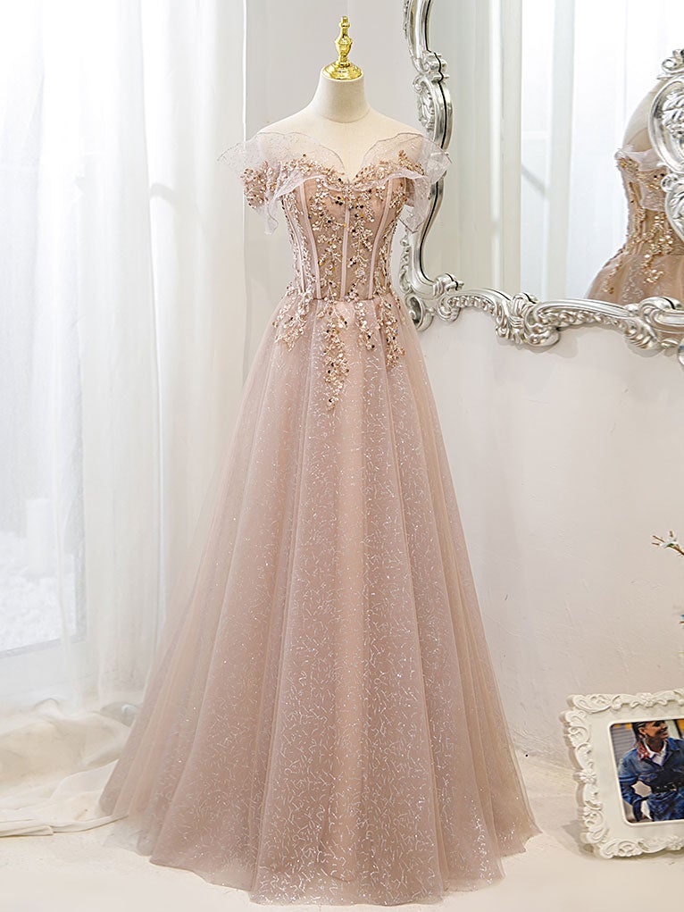 Vestido de fiesta rosa con hombros descubiertos de tul brillante, cuentas y encaje 