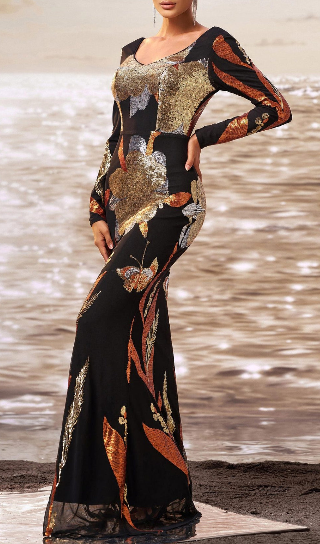 Debby Long Sleeve Sequin Evening Maxi Dress