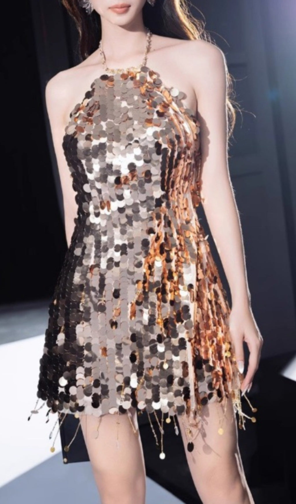 Chanita Gold Sequin Backless Halter Mini Dress