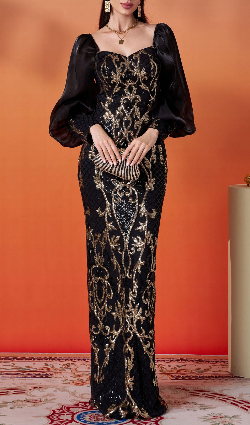 Floyce Black & Gold Sequin Long Sleeve Formal Maxi Dress