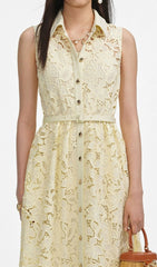 Elegant Lemon Yellow Sleeveless Lace Maxi Shirtdress with Belt