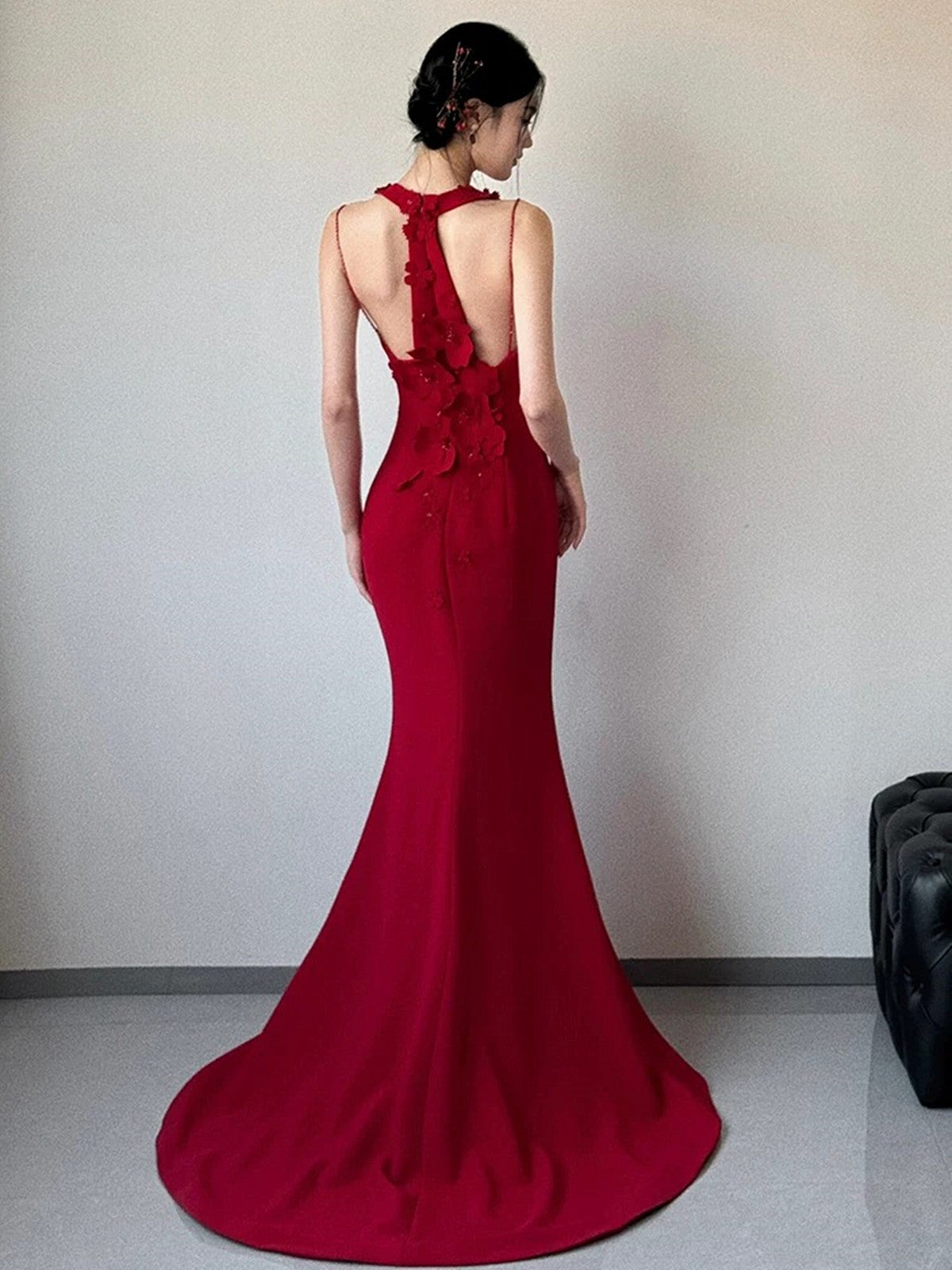 Wine Red Halter Mermaid Spandex Long Evening Dress