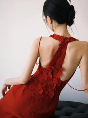 Wine Red Halter Mermaid Spandex Long Evening Dress