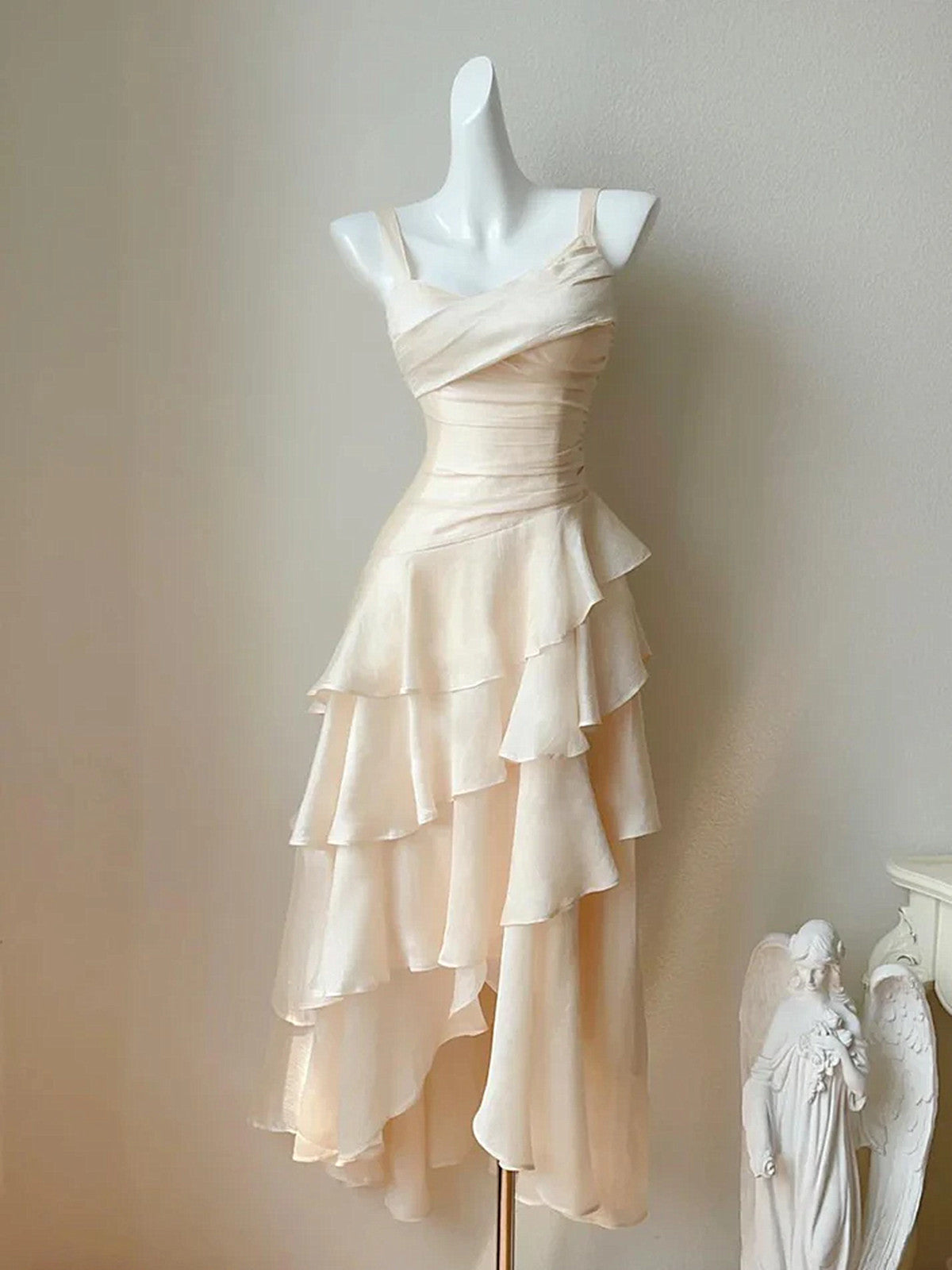 Ivory High Low Satin Straps Homecoming Dress
