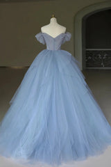 Blue Sweetheart Tulle Off Shoulder Party Dress