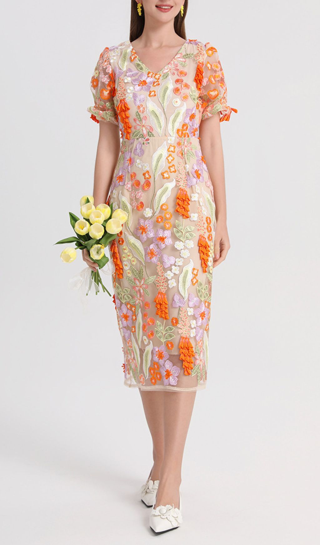 FUJIYE Elegant Floral Embroidery V-Neck Midi Dress