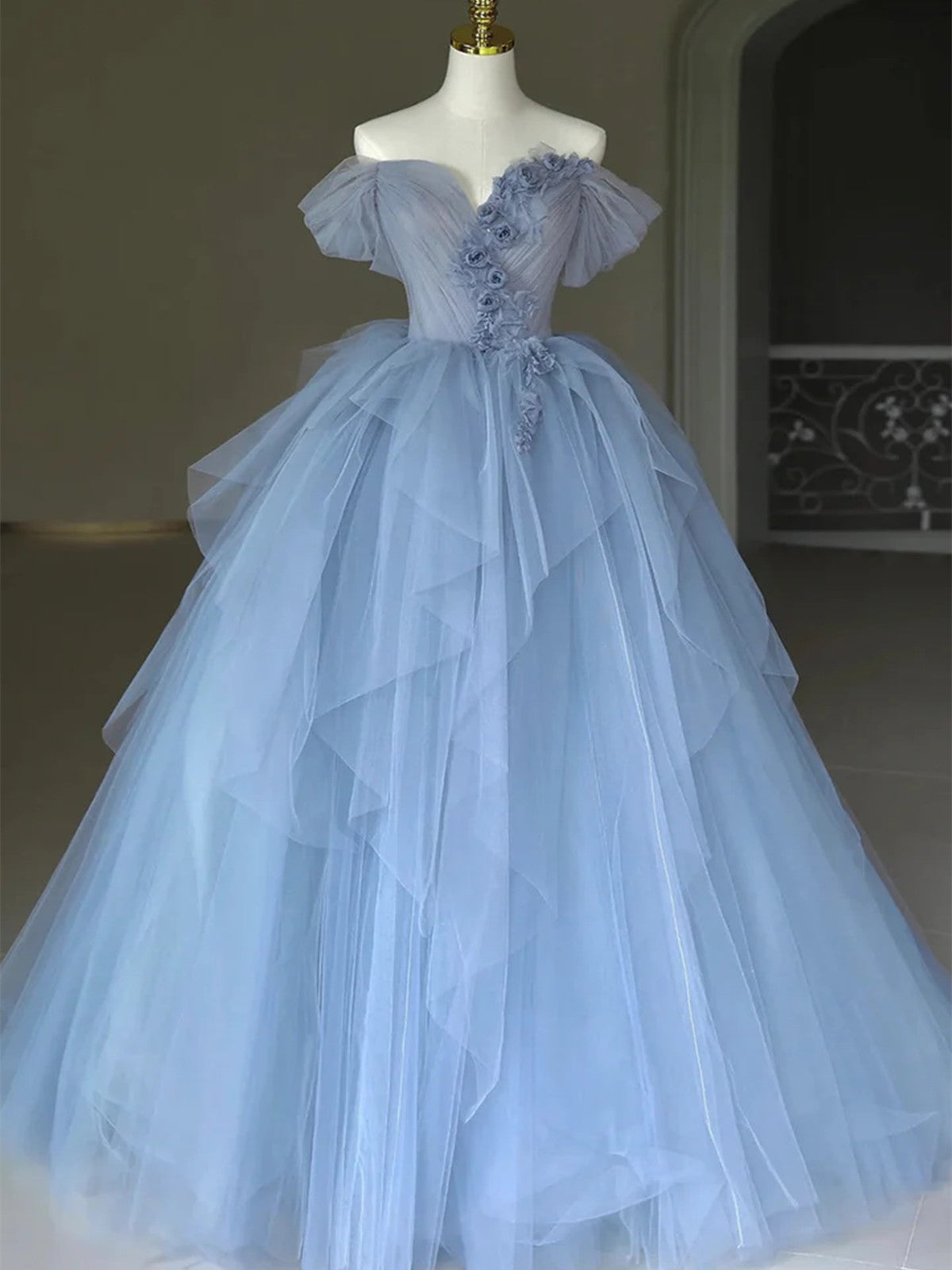 Blue Sweetheart Tulle Off Shoulder Party Dress