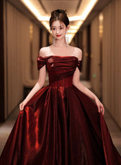 Vestido de fiesta de satén rojo vino con cuentas y hombros descubiertos, corte A 