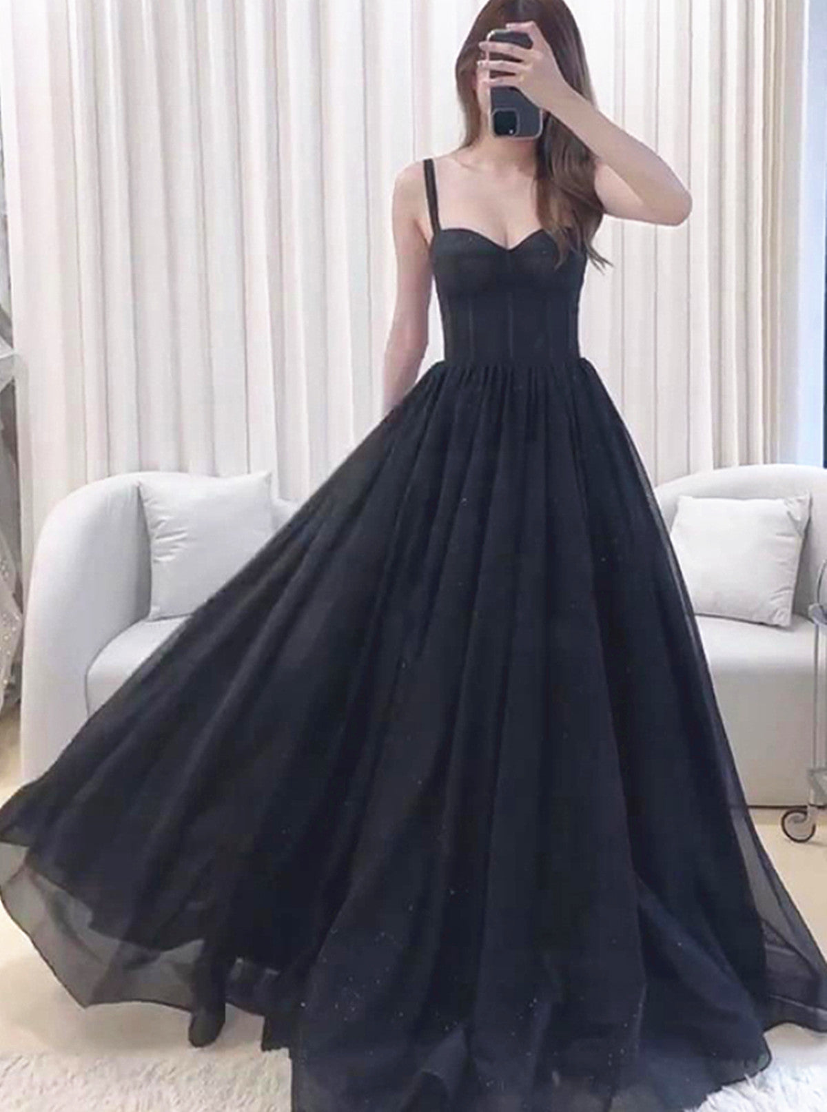 A-line Black Tulle Sweetheart Straps Long Party Dress