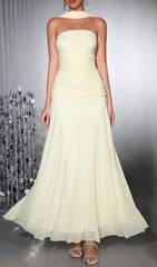 Hajar Elegant Strapless Ruched Mesh Maxi Dress
