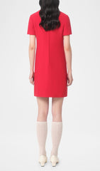 Elegant Red Crepe Couture Short Dress with Chic Bows & V-Gold Accents
