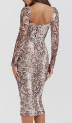 Chic Serpentine Print Long Sleeve Midi Dress with Lace Trim