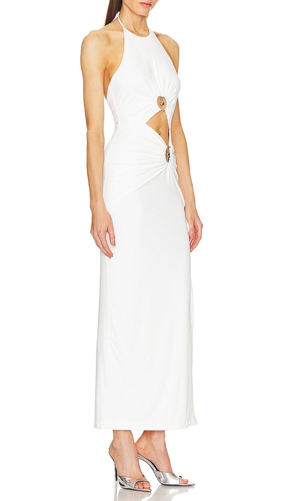 Daniela White Halter Cutout Bandage Maxi Dress with Luxe Hardware