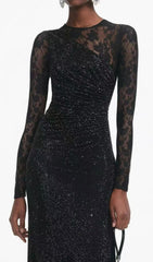 Raerion Dazzling Black Rhinestone Lace Split Maxi Dress