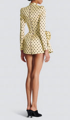 Vivacious Yellow Polka Dot Ruched Mini Dress with Rose Accents