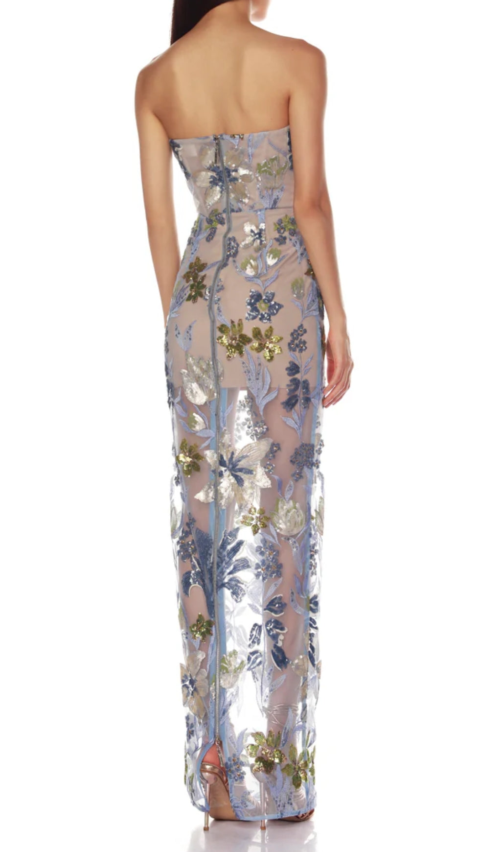 Danyl Blue Floral Sequin Strapless Maxi Gown
