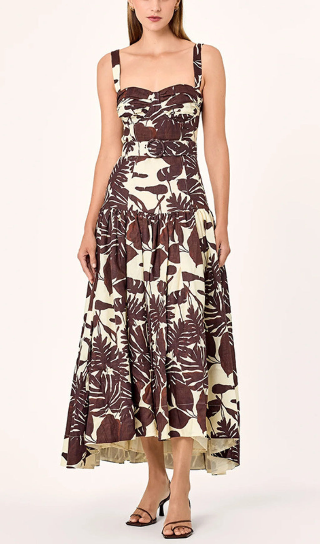Chic Tropical Leaf Print Strappy Belted Midi Dress