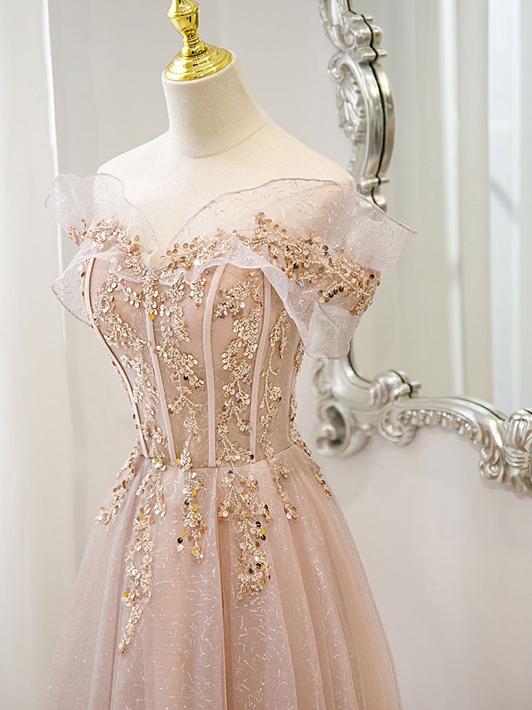 Vestido de fiesta rosa con hombros descubiertos de tul brillante, cuentas y encaje 