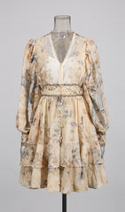 Ivano Chic Floral Print V-Neck Mini Dress with Pearl Embellishments & Long Sleeves