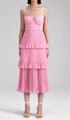 Sparkling Rhinestone Tiered Pleated Midi Dress