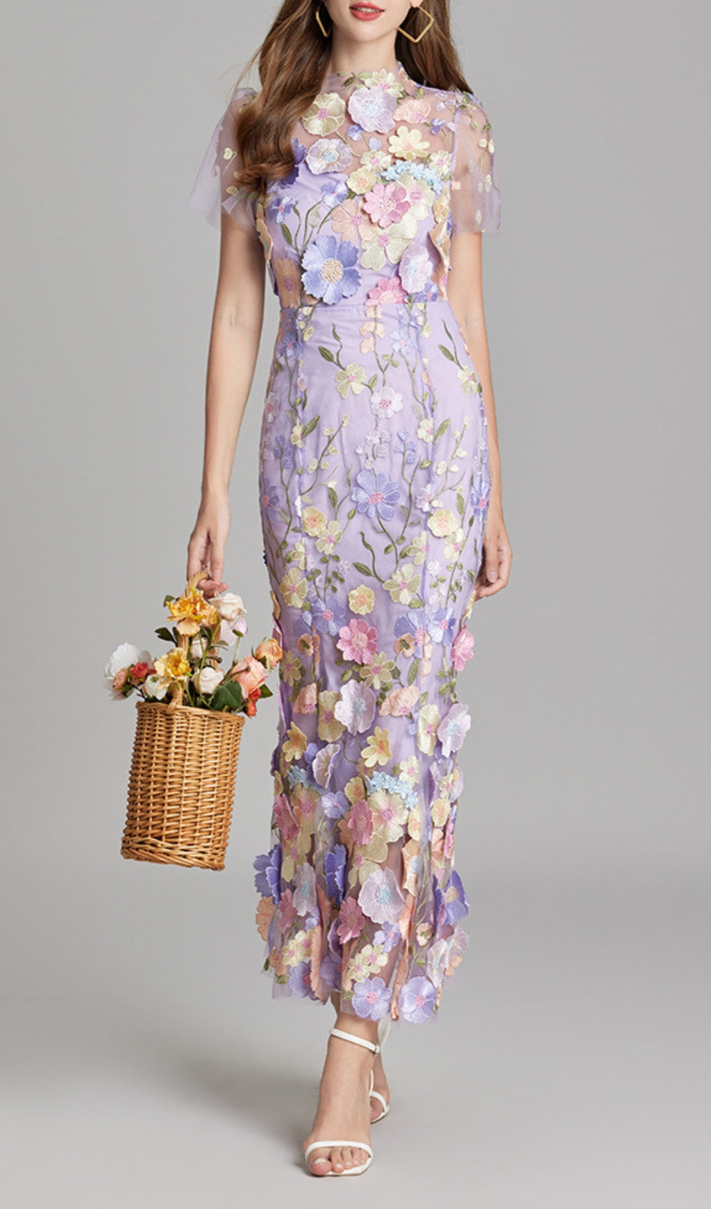 Elegant Lavender Floral Appliqu Mesh Midi Dress