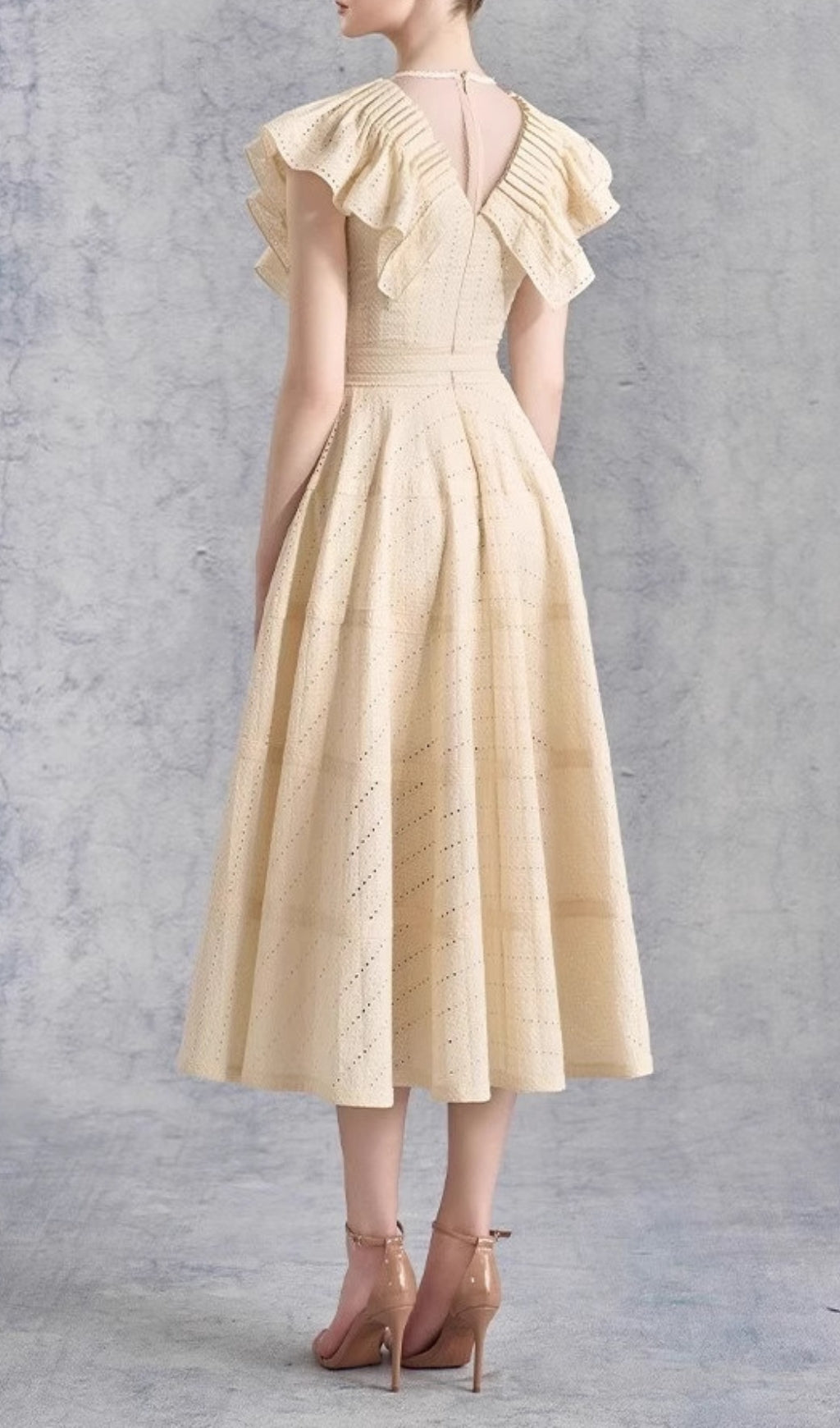 Doris Chic Pleated Eyelet Midi Dress