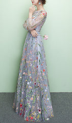 Dannell Enchanting Periwinkle Floral Embroidered Tulle Maxi Dress