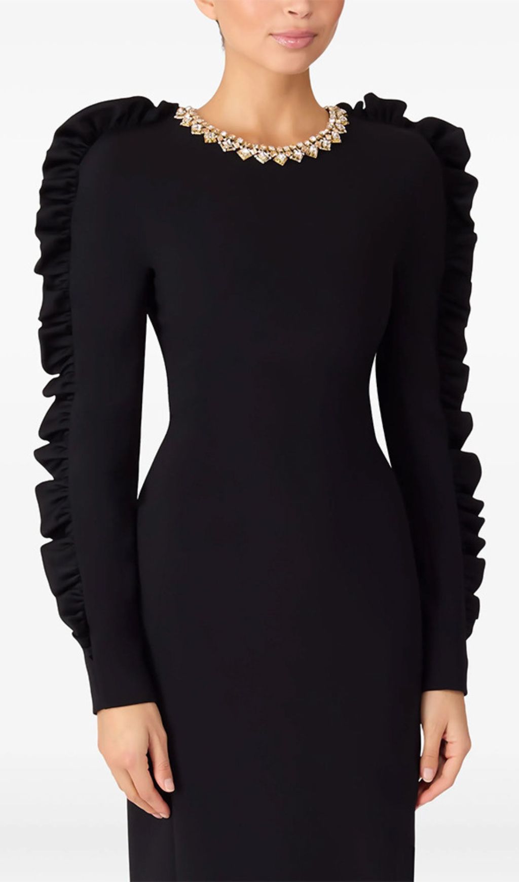 Hallie Crystal & Ruffle Sleeve Black Midi Dress