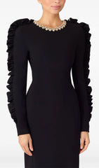 Hallie Crystal & Ruffle Sleeve Black Midi Dress