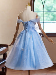 Blue Beaded A-line Tulle Knee Length Party Dress