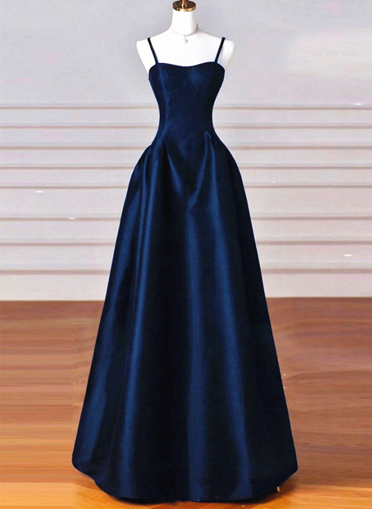 Simple Navy Blue Satin Straps Long Prom Dress