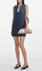 Chic Diamant Bow Denim Mini Dress with Pearl Trim