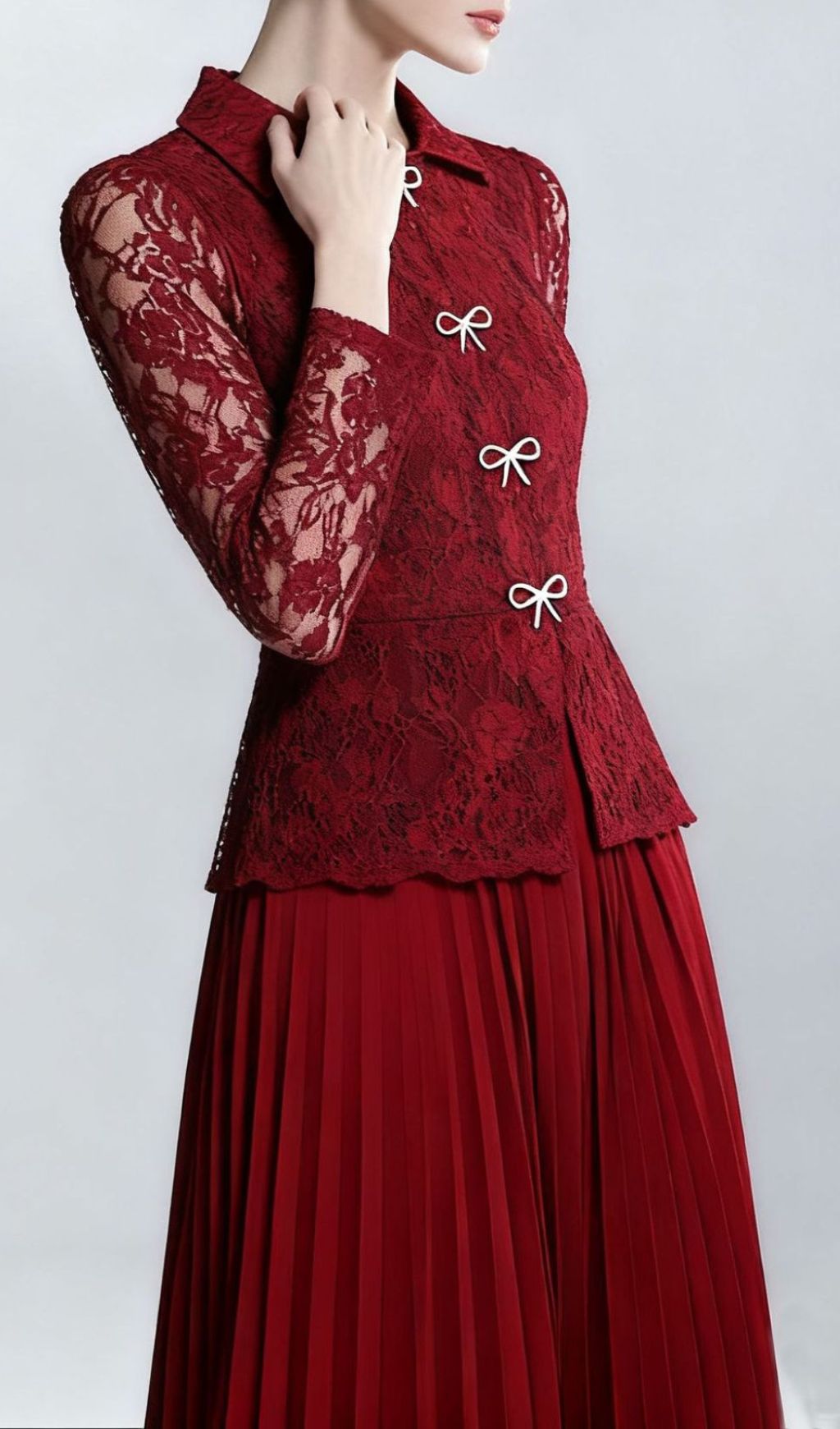 Elegant Ruby Red Lace & Pleated Midi Dress
