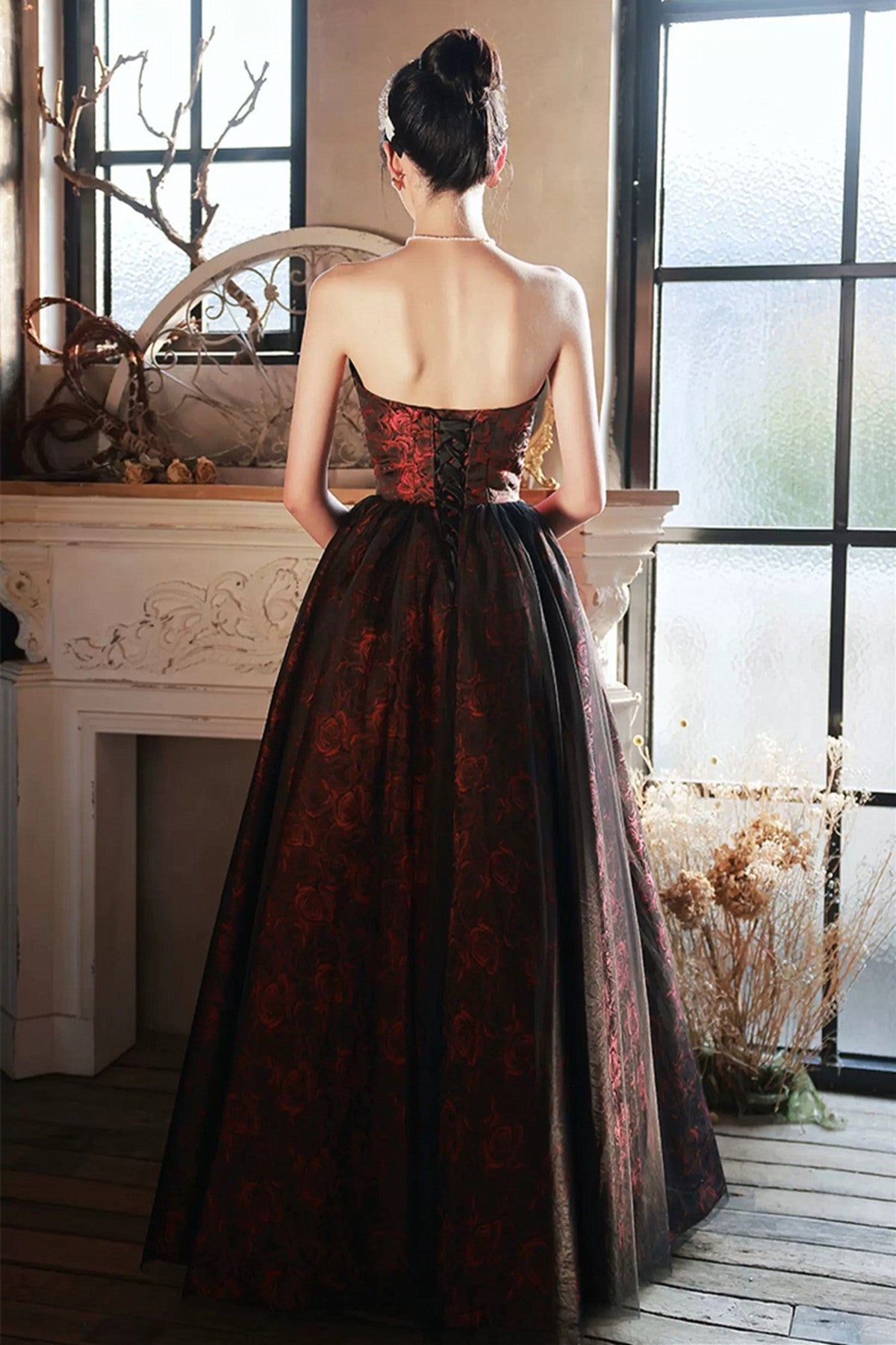 A-line V-neckline Floral Satin Black and Red Party Dress