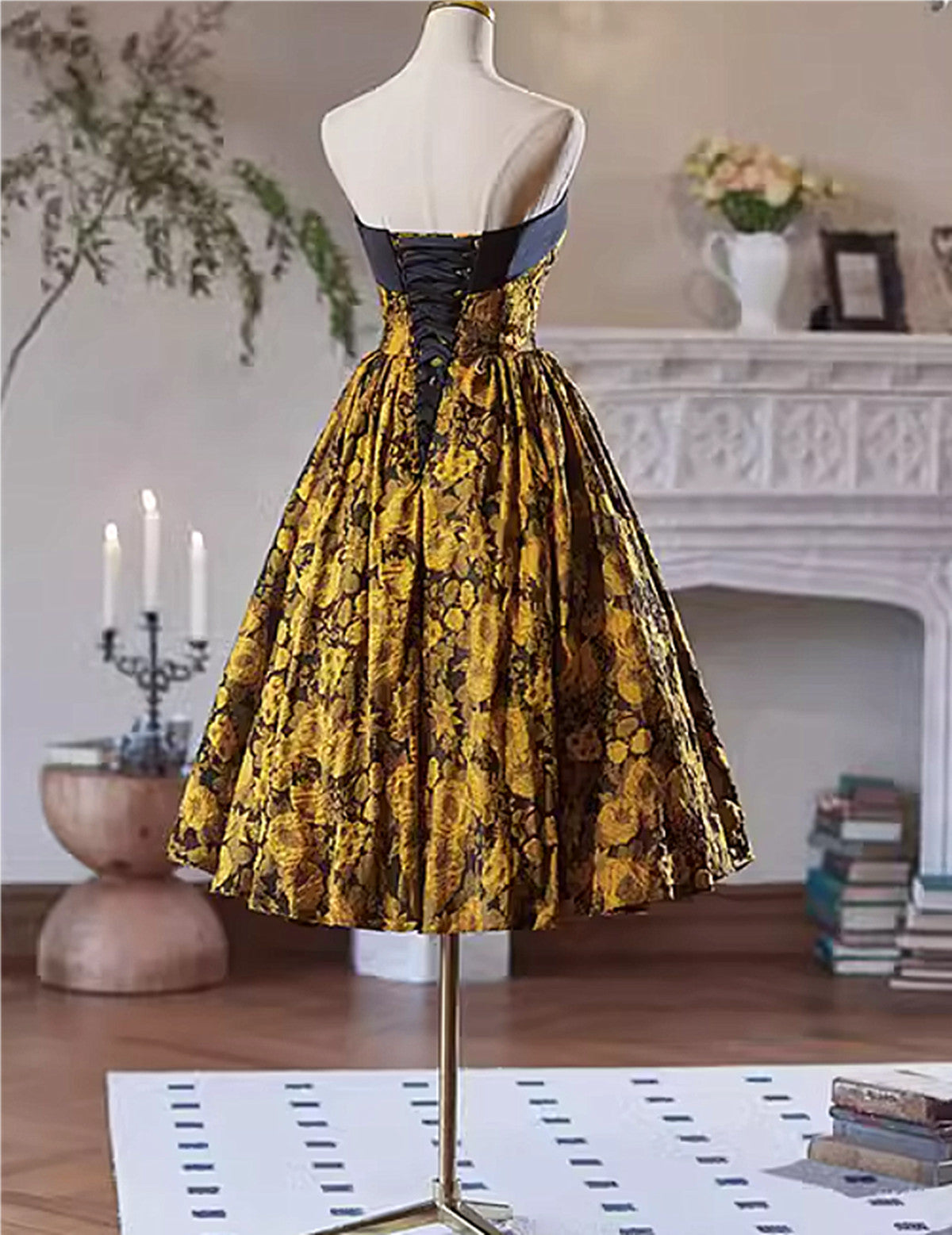 Gold Satin Floral Cute Homecoming Dress