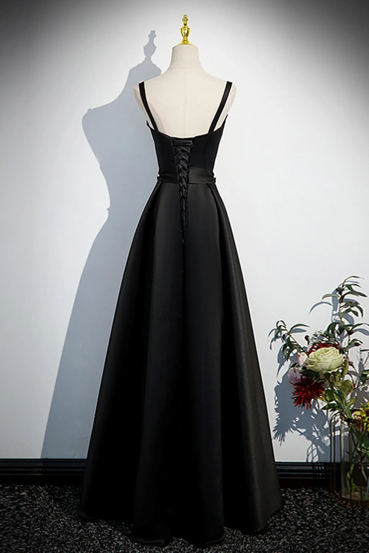 A-line Black Satin Straps Long Formal Dress