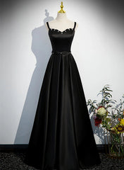 A-line Black Satin Straps Long Formal Dress
