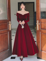 Vestido de noche de terciopelo rojo vino con mangas largas y corte A 