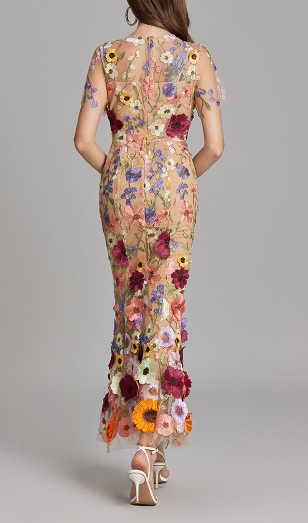 Elegant Floral Embroidered Mesh Fishtail Midi Dress