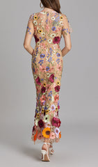 Elegant Floral Embroidered Mesh Fishtail Midi Dress