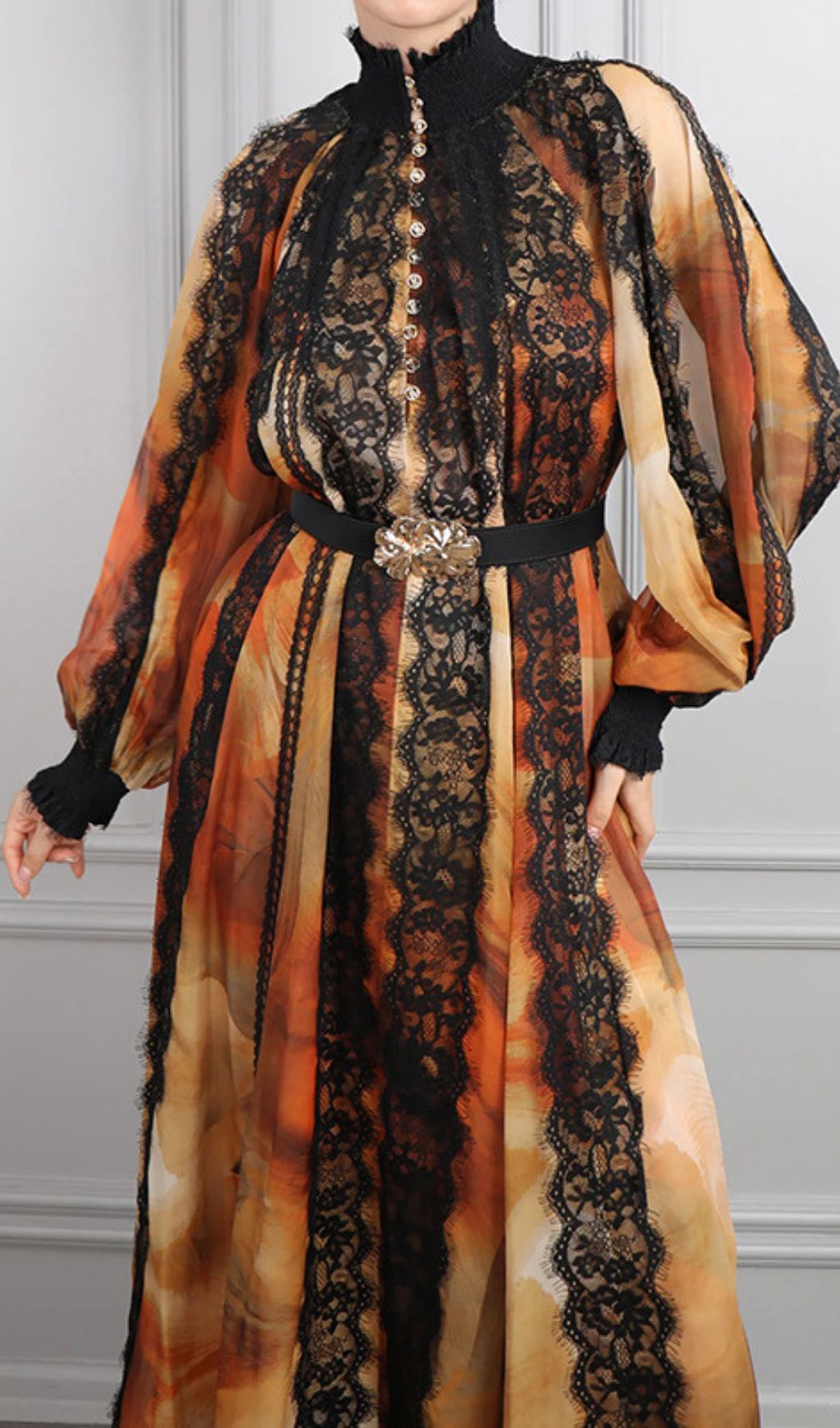 Elegant Imari Lace & Print Midi Dress