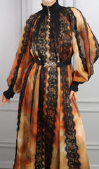 Elegant Imari Lace & Print Midi Dress