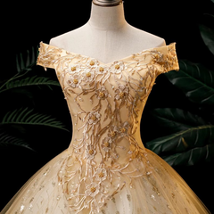 Vestido formal de tul con apliques de encaje y vestido de fiesta dorado 