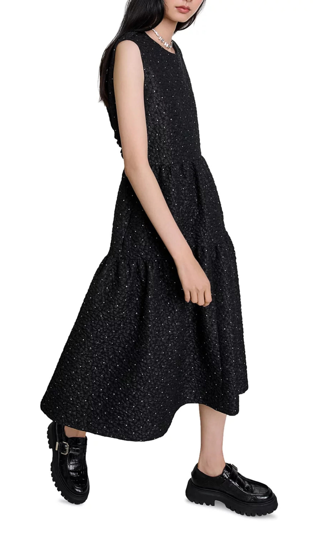 Rilvia Black Sparkle Tiered Midi Dress