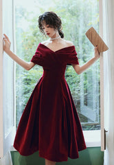 Vestido de fiesta de terciopelo rojo vino, largo hasta la rodilla, con hombros descubiertos, vestido de regreso a casa 