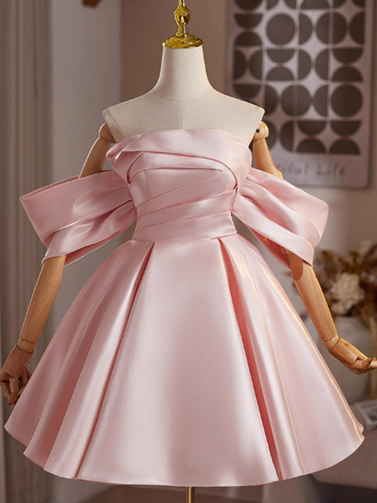 A-line Pink Satin Short Sleeves Homecoming Dress