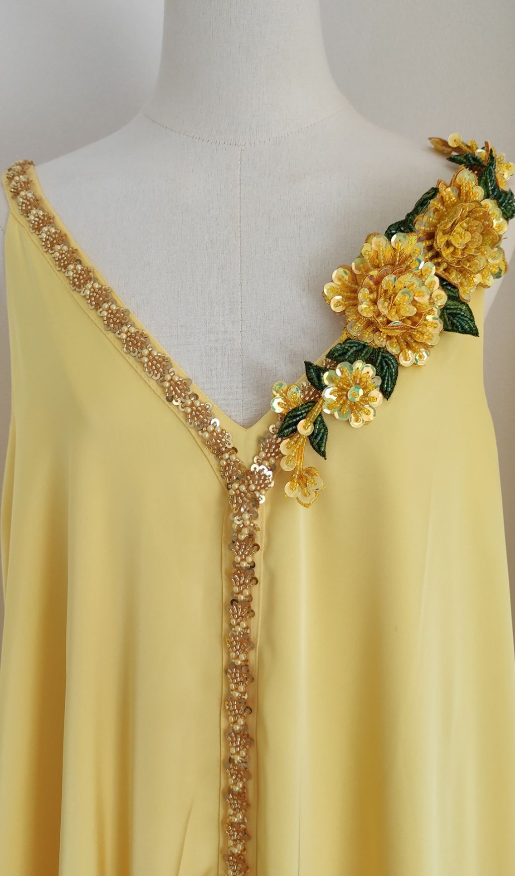 Inge Radiant Yellow Halter Maxi Dress with 3D Floral Appliques