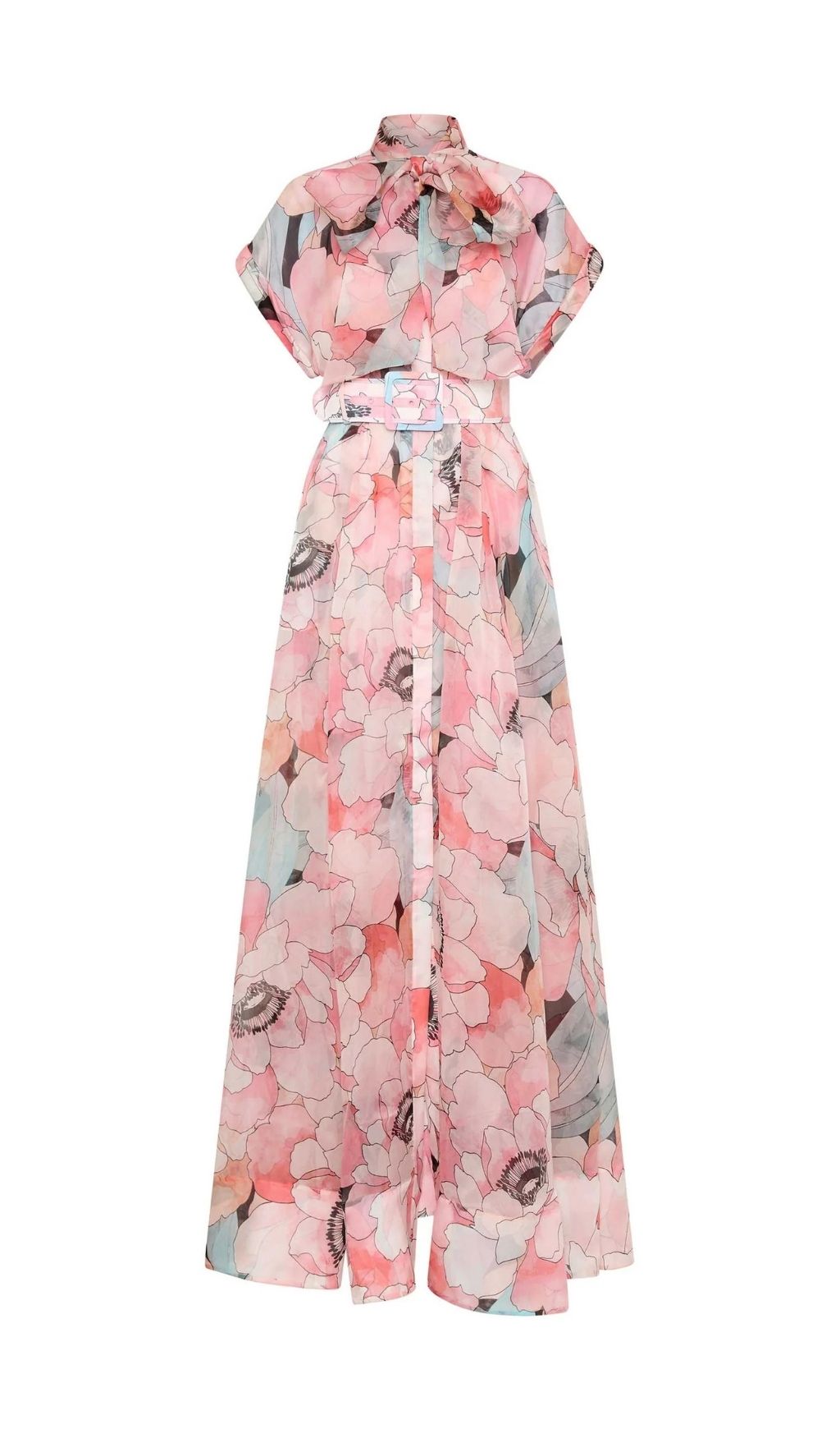 Eudoxia Blush Pink Floral Maxi Dress with Bow Neck & Statement Belt