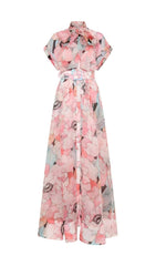 Eudoxia Blush Pink Floral Maxi Dress with Bow Neck & Statement Belt