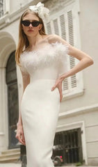Elegant White Feather Off-Shoulder Bodycon Maxi Dress
